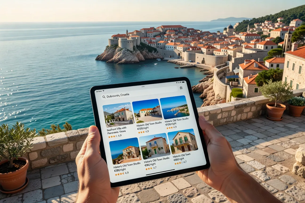 Interface Airbnb sur tablette avec résultats Dubrovnik 2026