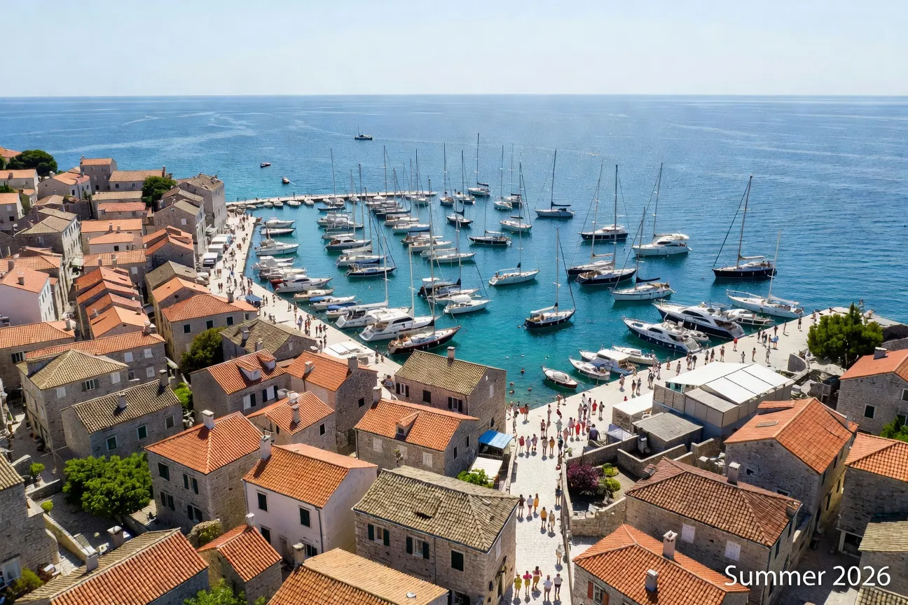Vue aérienne de Hvar et ses criques en juillet 2026