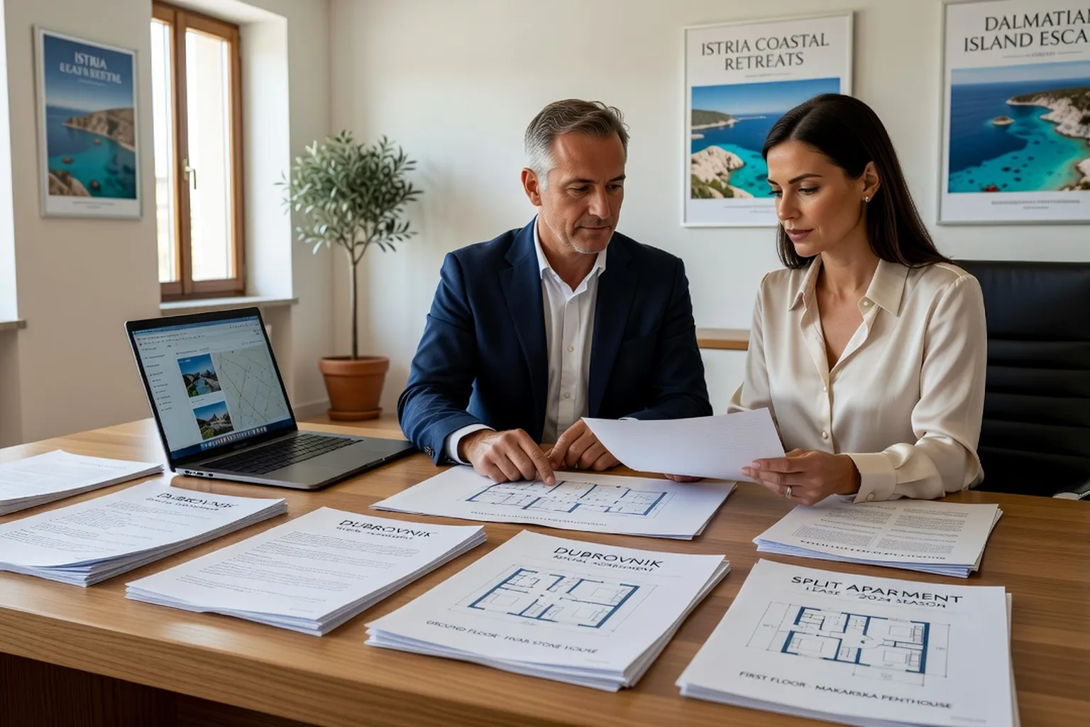 Bureau d'une agence de voyage croate avec des plans de logements et des documents