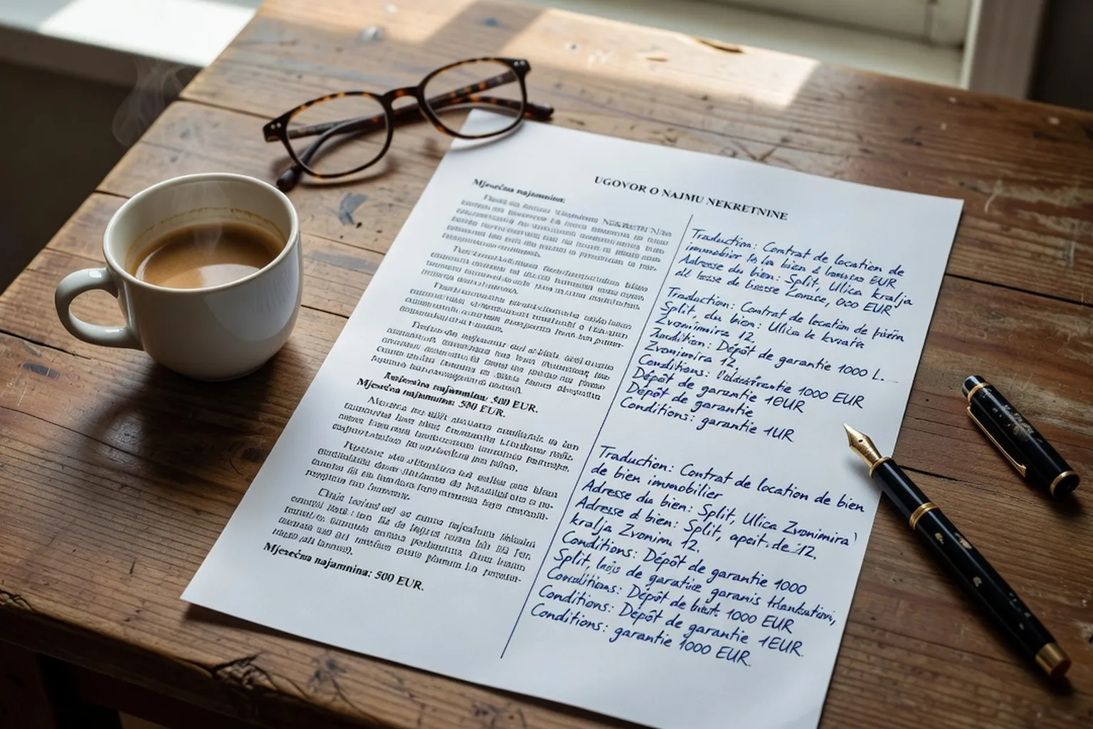 Contrat de location en croate avec traduction manuscrite à côté