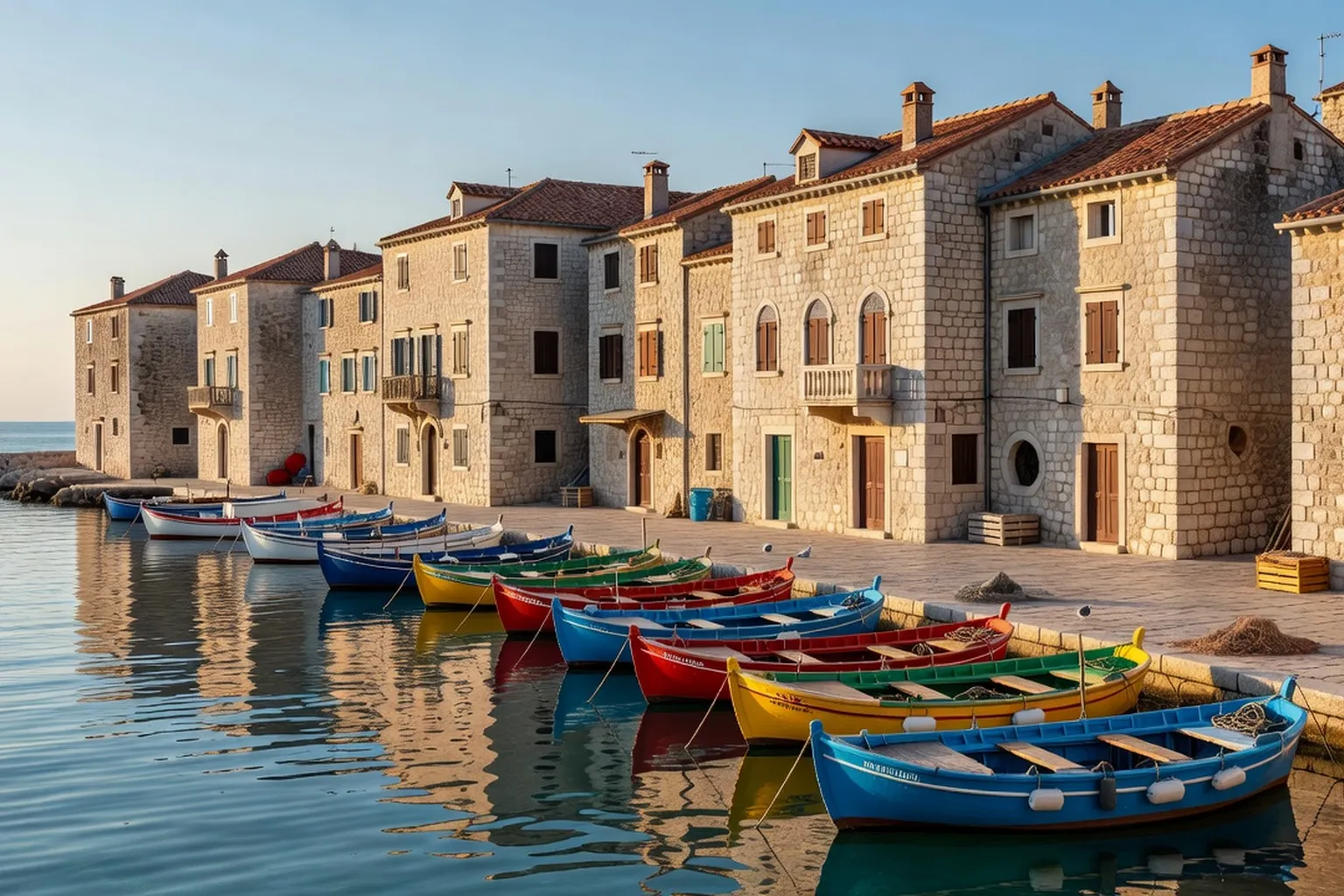 Vue sur le port de Korčula avec ses maisons médiévales et ses bateaux de pêche