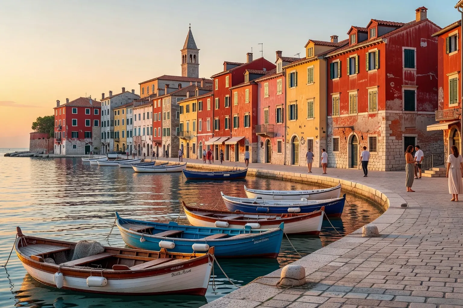 Vue sur le front de mer de Rovinj, façades colorées et bateaux de pêche