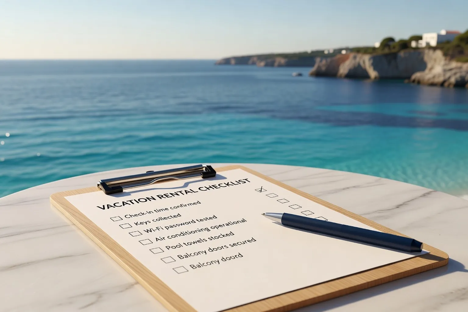 Liste de contrôle location Croatie avec crayon et vue sur la mer