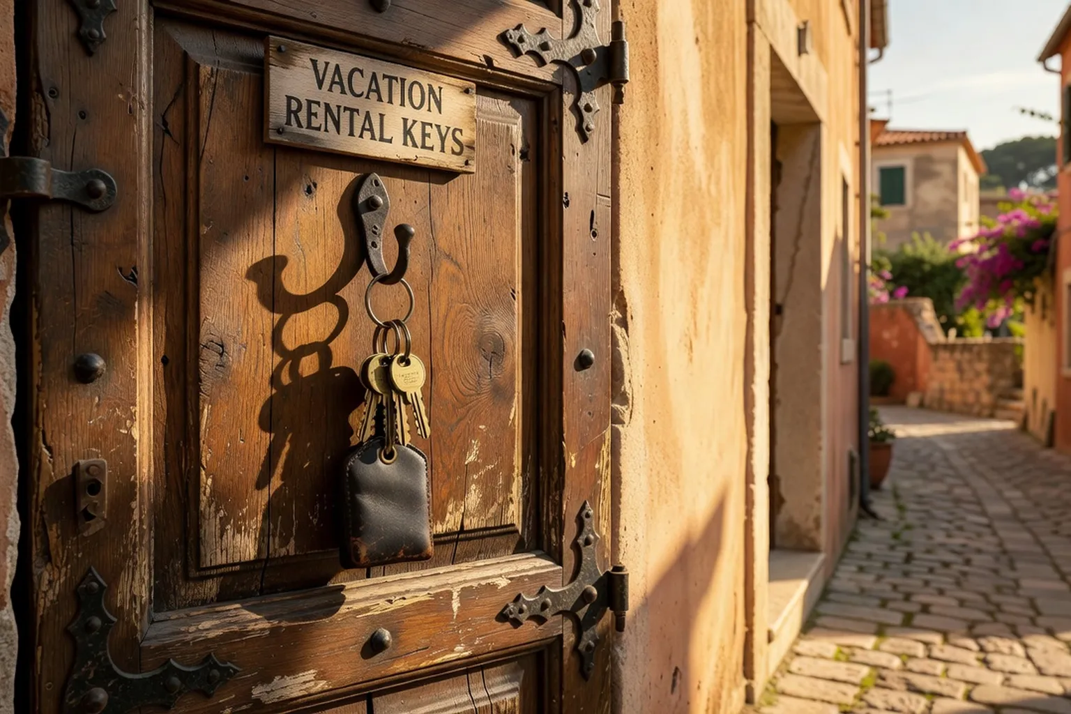 Clés de location posées sur une belle porte en bois méridionale