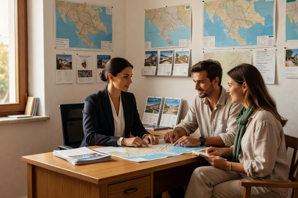 Agente immobilière conseillant un couple de voyageurs à son bureau à Zadar