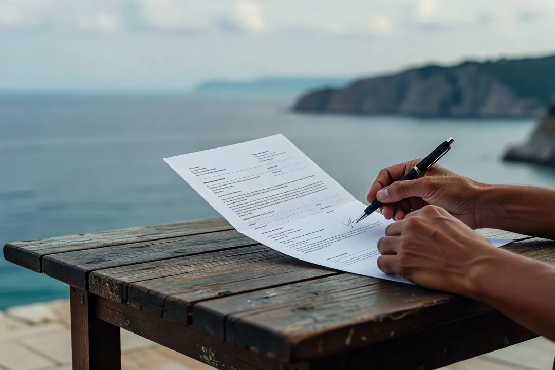 Signature d'un contrat de location saisonnière sur une table en bois avec vue sur la mer Adriatique