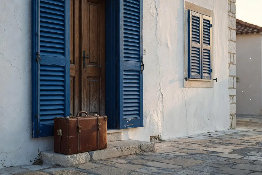 Valise de voyage fermée posée devant l'entrée d'une villa méditerranéenne en Croatie