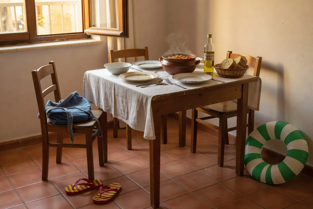 Intérieur d'un appartement familial simple en Croatie, table dressée pour un repas économique