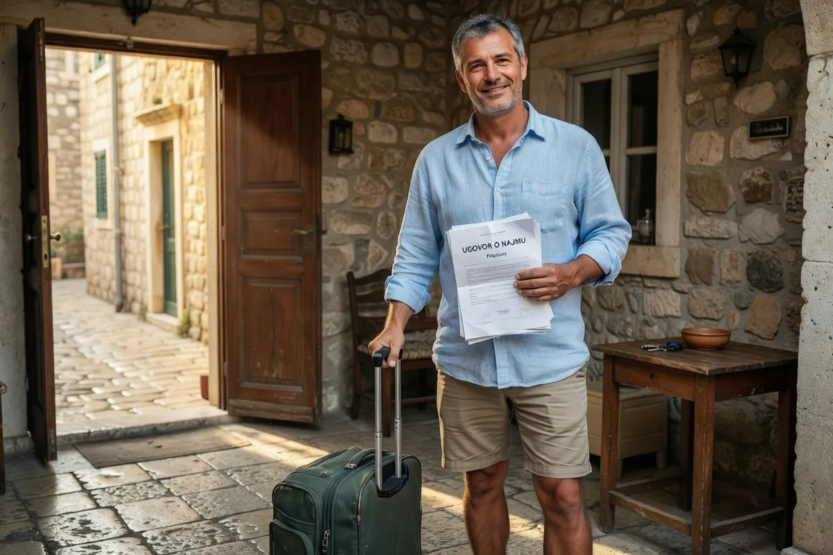 Vacancier soulage apres check-in securise en Croatie