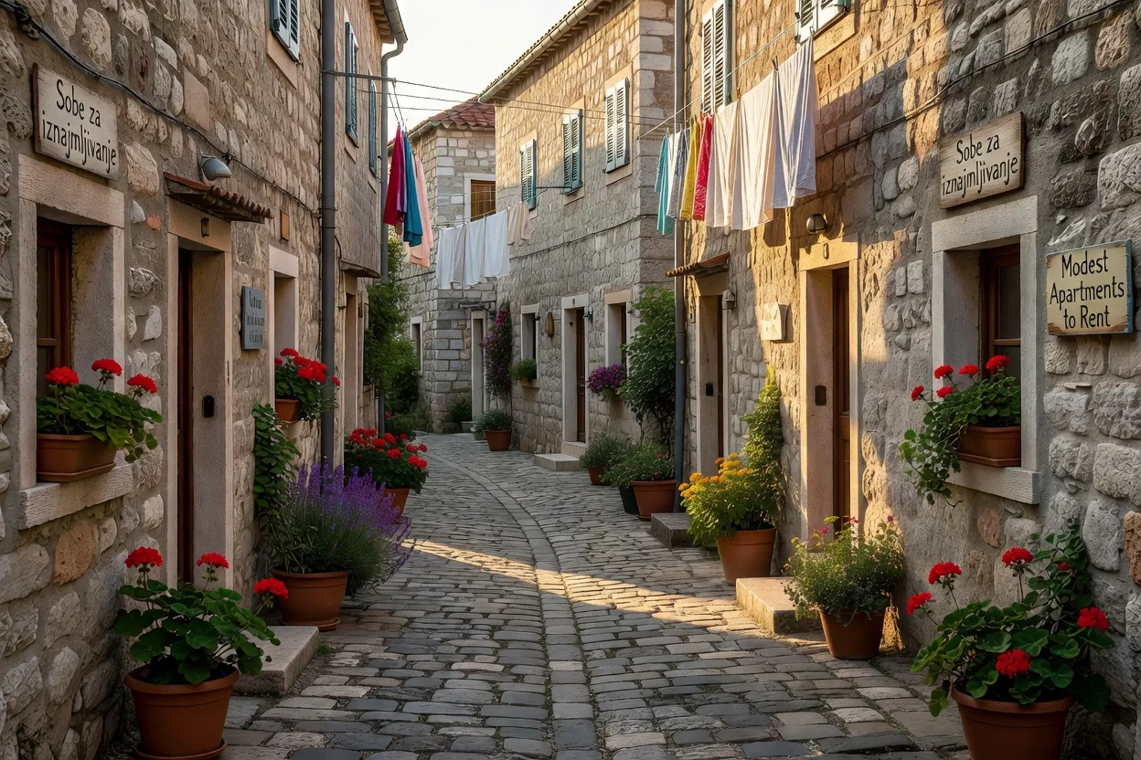 Ruelle d'un village de l'arrière-pays croate avec appartements à louer bon marché