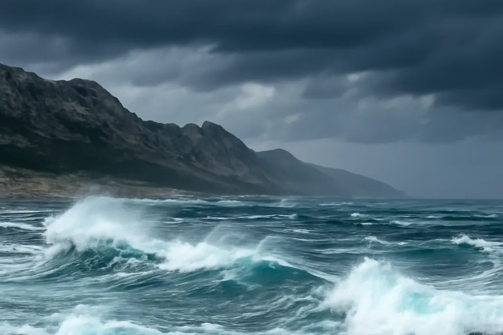 Mer agitée et écume soulevée par le vent de Bura le long de la côte dalmate rocheuse