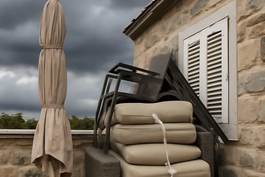 Mobilier de terrasse arrimé et volets fermés en préparation d'un épisode de vent fort en Croatie