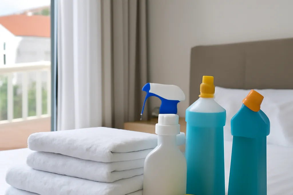 Linge de maison plié et produits d'entretien préparés pour le ménage de départ d'un appartement en Croatie