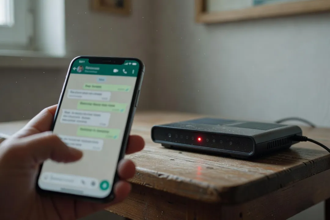 Smartphone affichant une conversation de messagerie instantanée floutée, tenu près d'un routeur wifi avec un voyant rouge dans un appartement croate