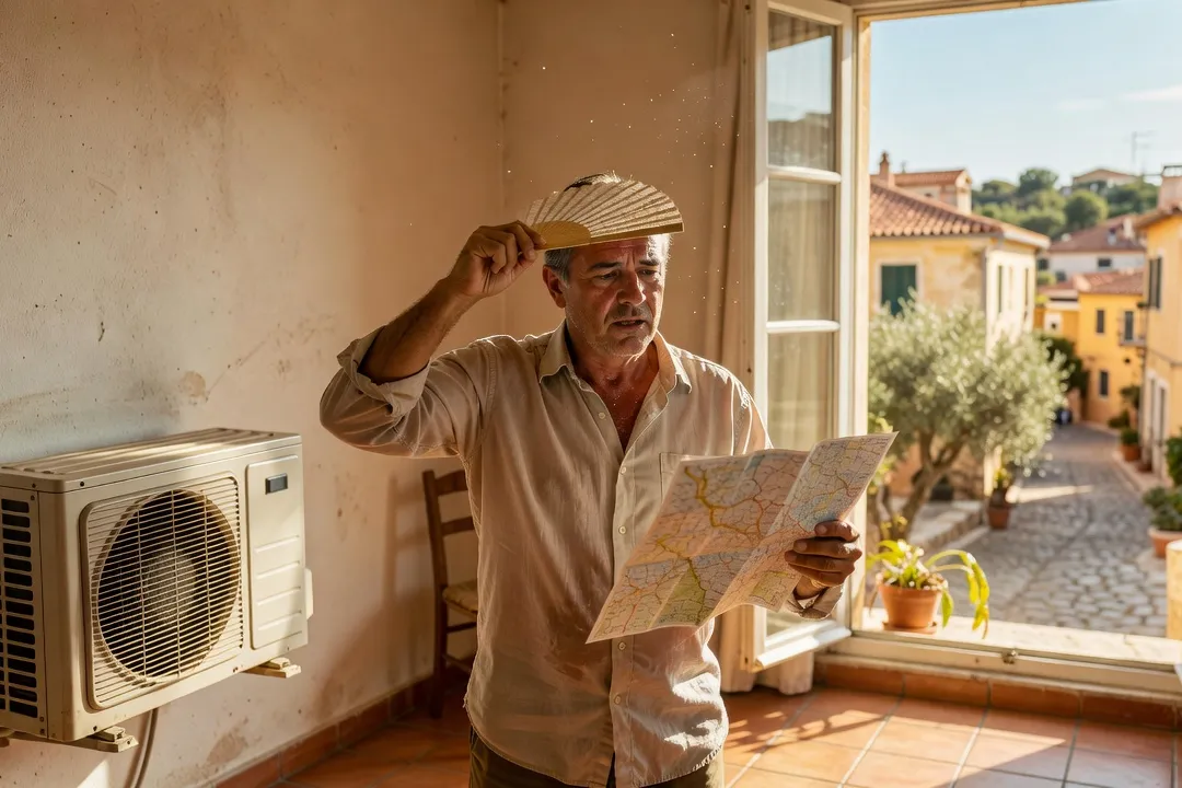 Touriste s'éventant près d'une unité de climatisation murale éteinte dans un appartement méditerranéen en pleine chaleur estivale
