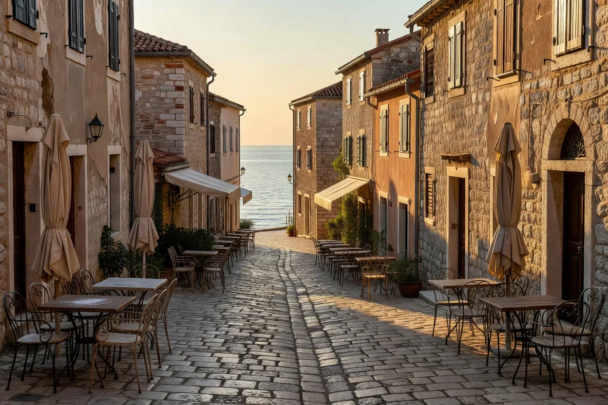 Village côtier croate en arrière-saison avec ruelles calmes et lumière dorée