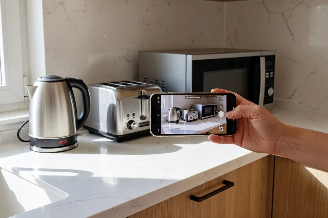 Main tenant un smartphone en train de photographier le plan de travail et l'électroménager d'une cuisine de location croate pour un état des lieux