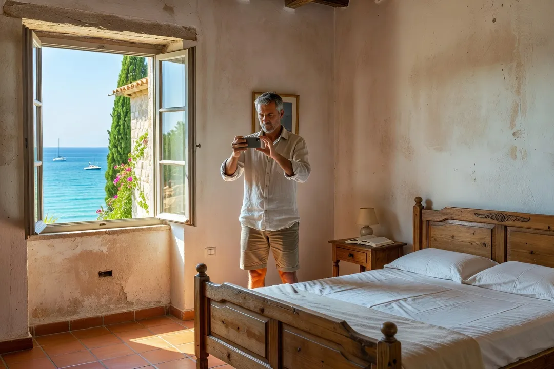 Touriste filmant avec son smartphone un tour vidéo d'une chambre lumineuse dans une villa croate pour documenter l'état des lieux