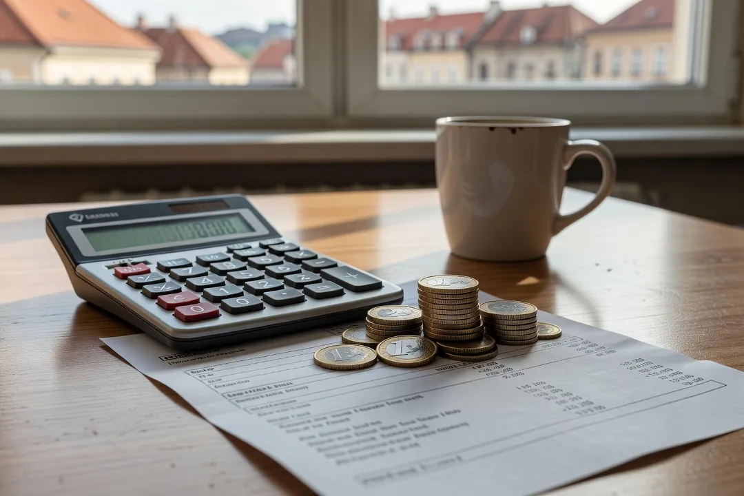 Calculatrice, petite pile de pièces en euros et facture imprimée sur un bureau, symbolisant le calcul de la taxe de séjour