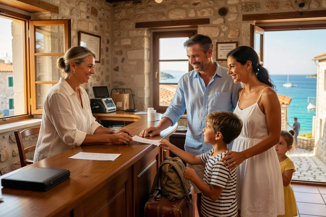Famille de touristes à la réception d'un petit hébergement côtier croate recevant un reçu imprimé d'un hôte souriant