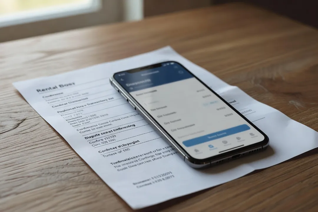 Smartphone affichant un écran de contestation de transaction bancaire flouté, posé sur une confirmation de réservation imprimée
