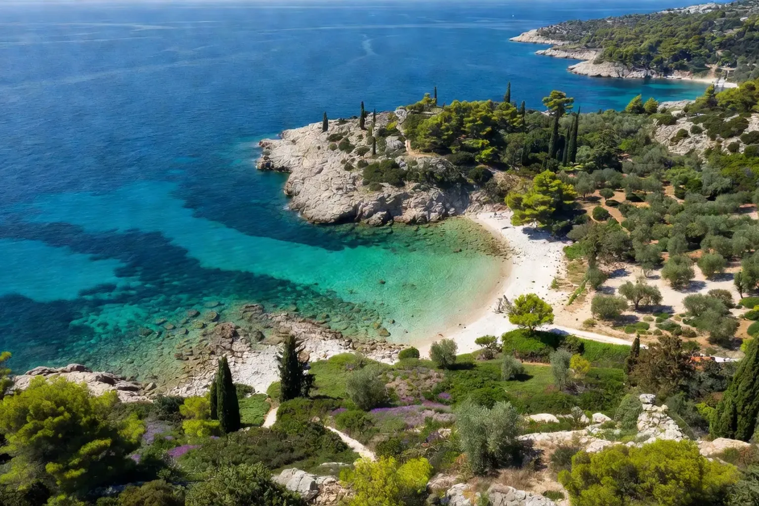 Vue aérienne de la côte dalmate en été avec îles et mer turquoise