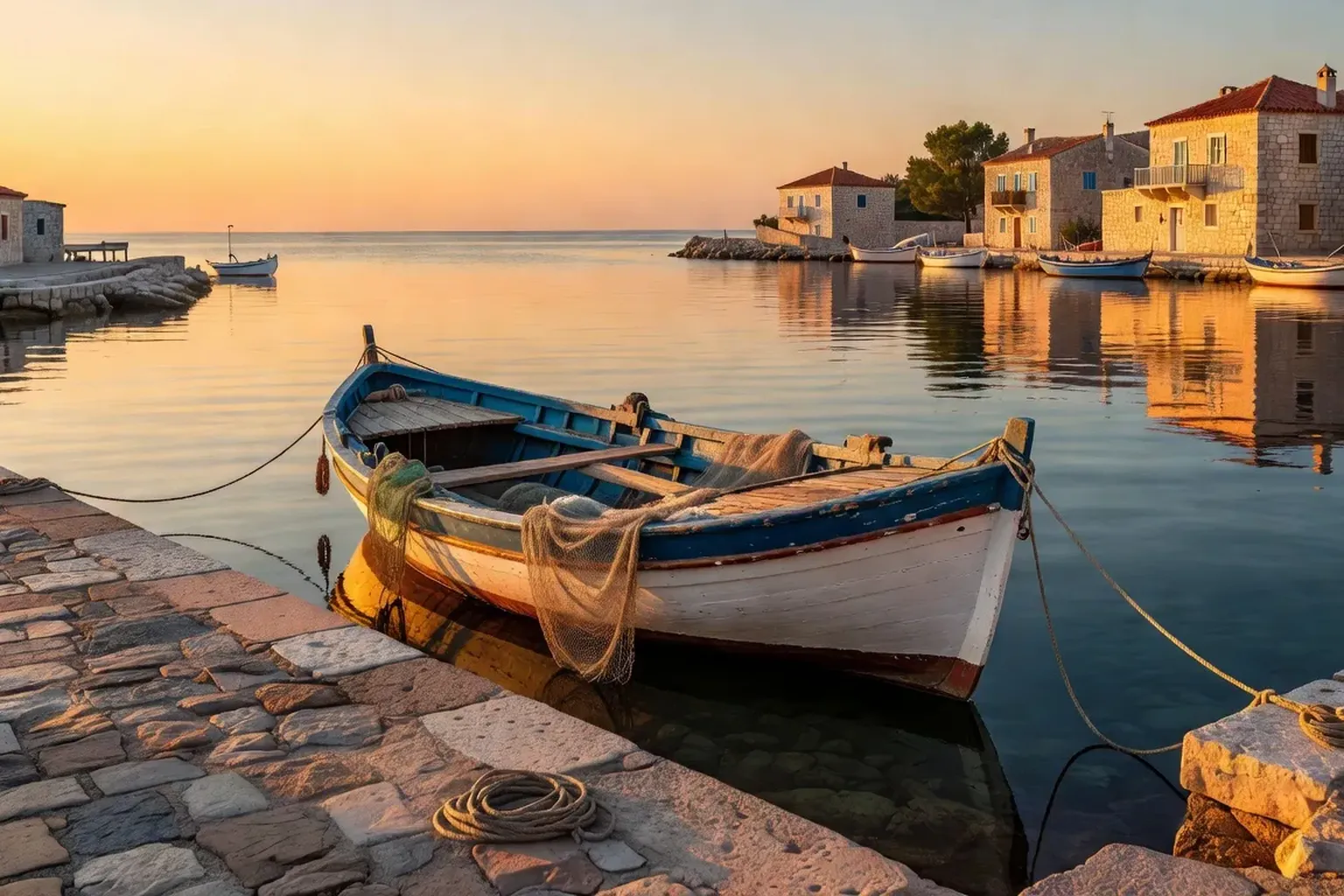 Bateau de pêche dans un port croate au coucher de soleil en juillet