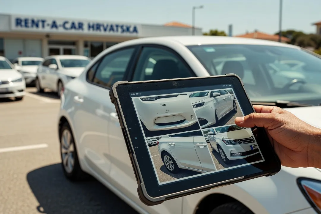État des lieux d'un véhicule de location documenté sur une tablette numérique dans un parking en Croatie