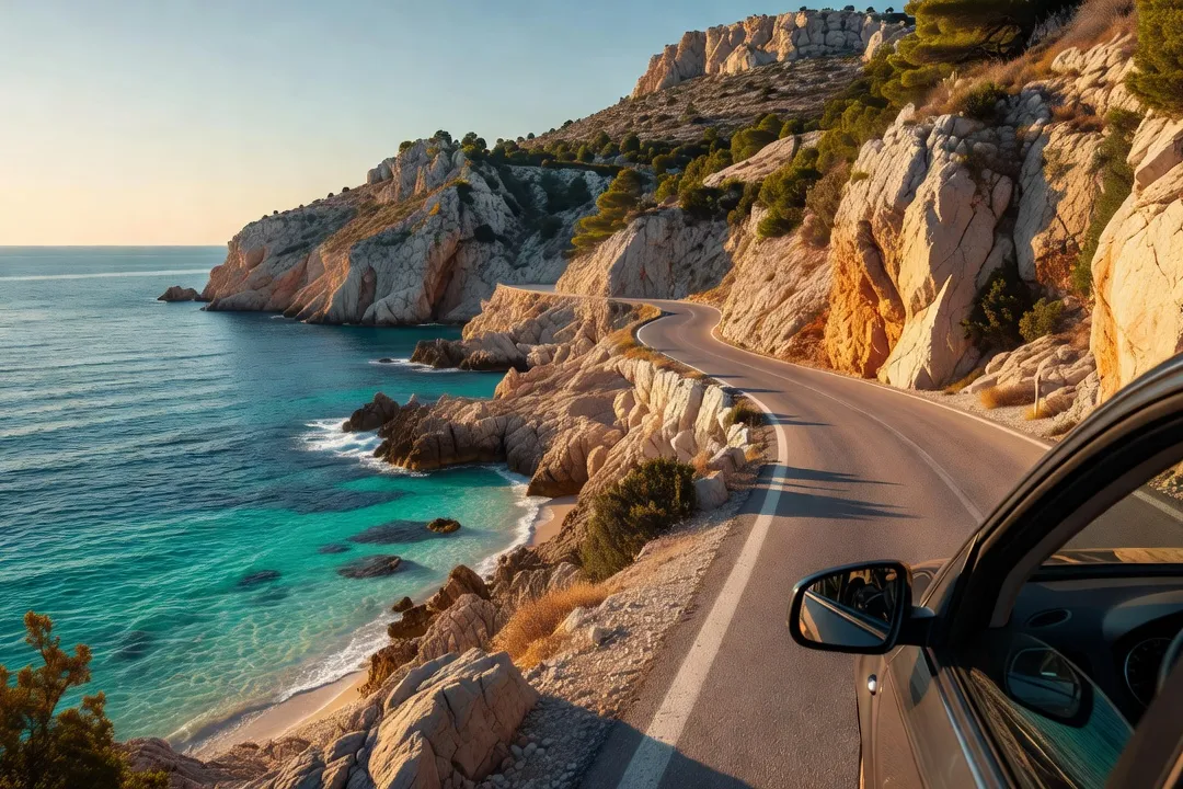 Route côtière sinueuse de Dalmatie longeant la mer Adriatique, vue depuis une voiture de location