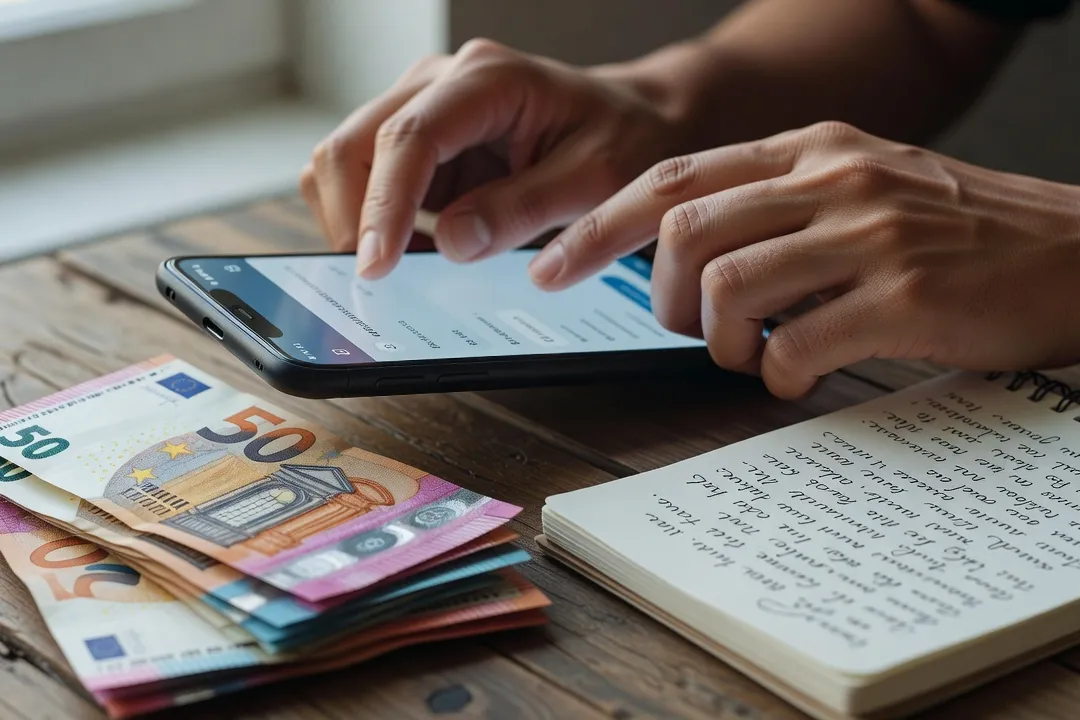 Personne utilisant une application de néobanque sur smartphone pour envoyer un virement international, billets en euros sur la table
