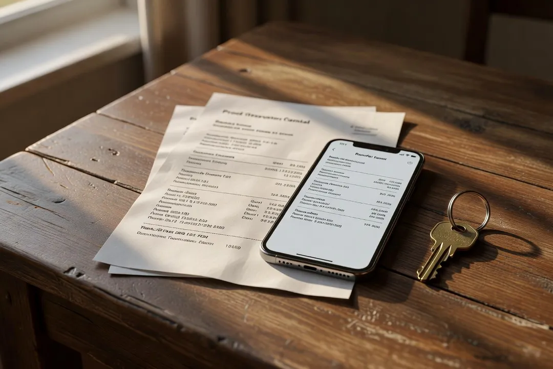 Reçu de virement bancaire imprimé et capture d'écran de confirmation sur smartphone posés à côté d'une clé, preuve de paiement de la caution