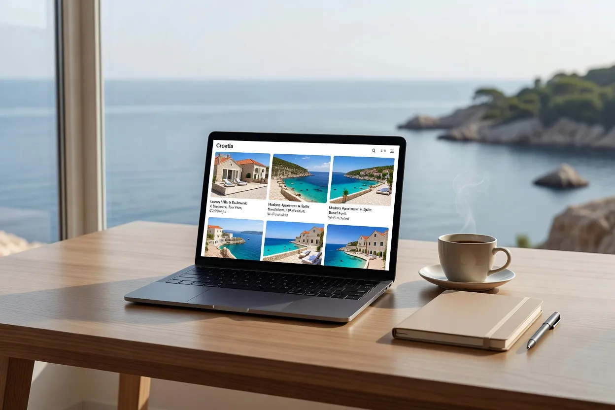 Écran affichant plusieurs plateformes de location d'appartements en Croatie