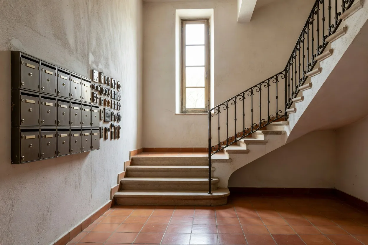 Cage d'escalier et boîtes aux lettres d'un immeuble de copropriété méditerranéen croate