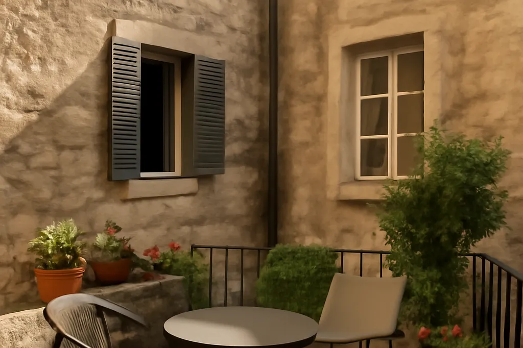 Petite terrasse commune avec table et chaises dans la cour d'un immeuble croate