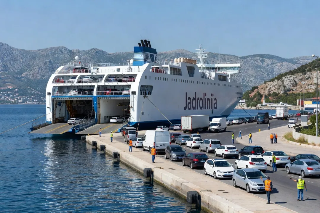 Ferry Jadrolinija chargeant des véhicules au port de Split en direction d'une île dalmate