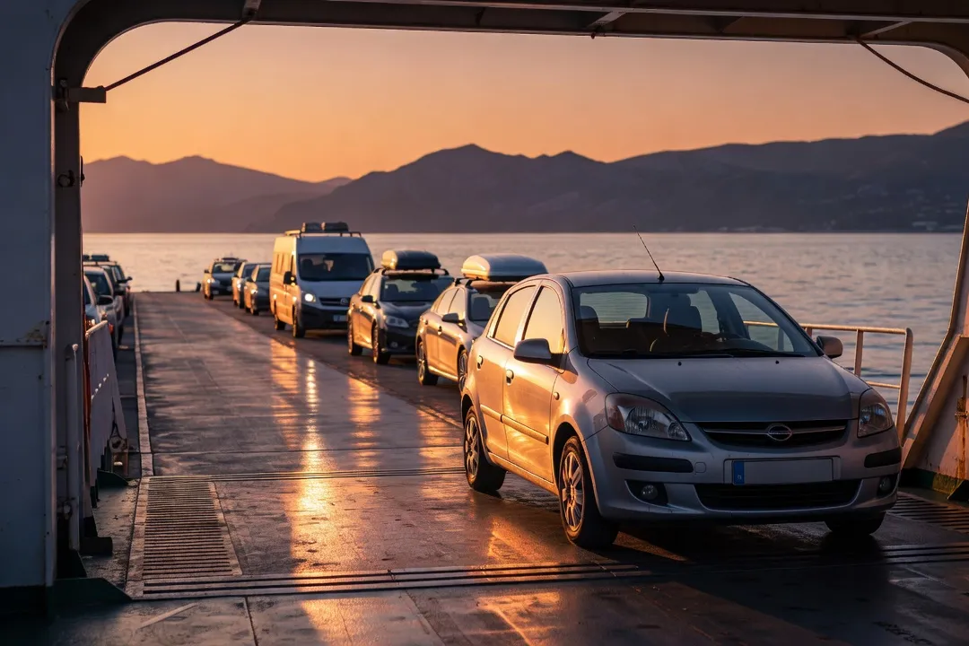 Voiture de location embarquant sur un ferry roulier vers une île croate au coucher du soleil