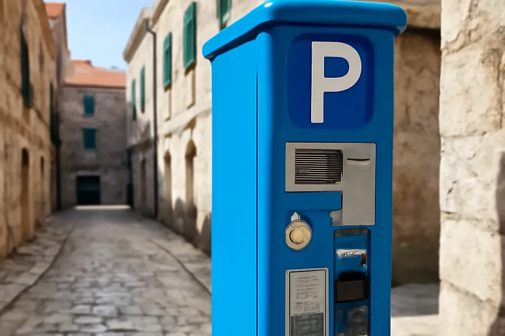 Horodateur de stationnement zoné dans une rue pavée du centre historique de Split