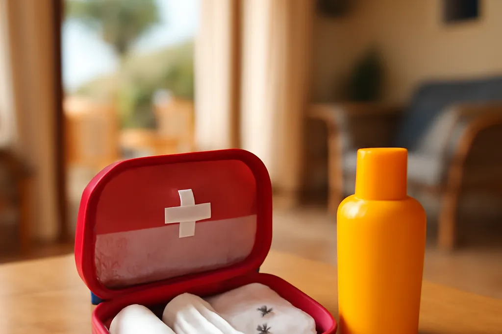 Trousse de secours ouverte avec pansements et crème solaire sur une table de location de vacances