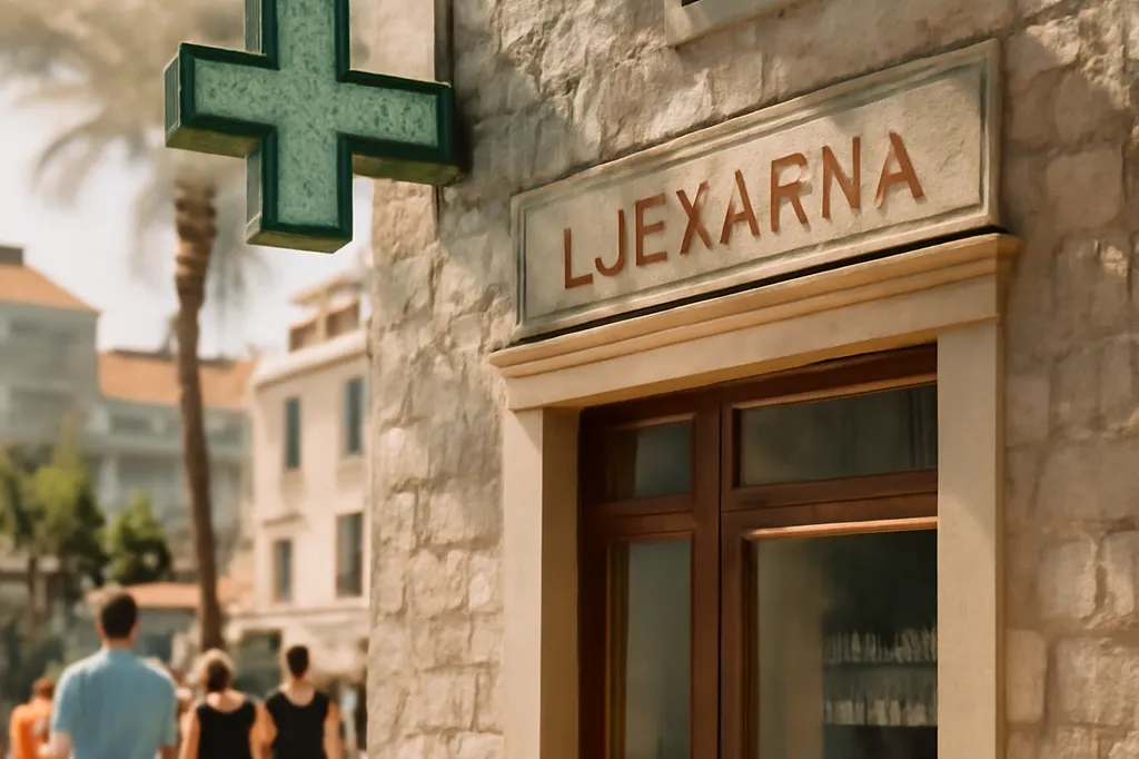 Façade d'une pharmacie croate (ljekarna) avec sa croix verte dans une rue touristique