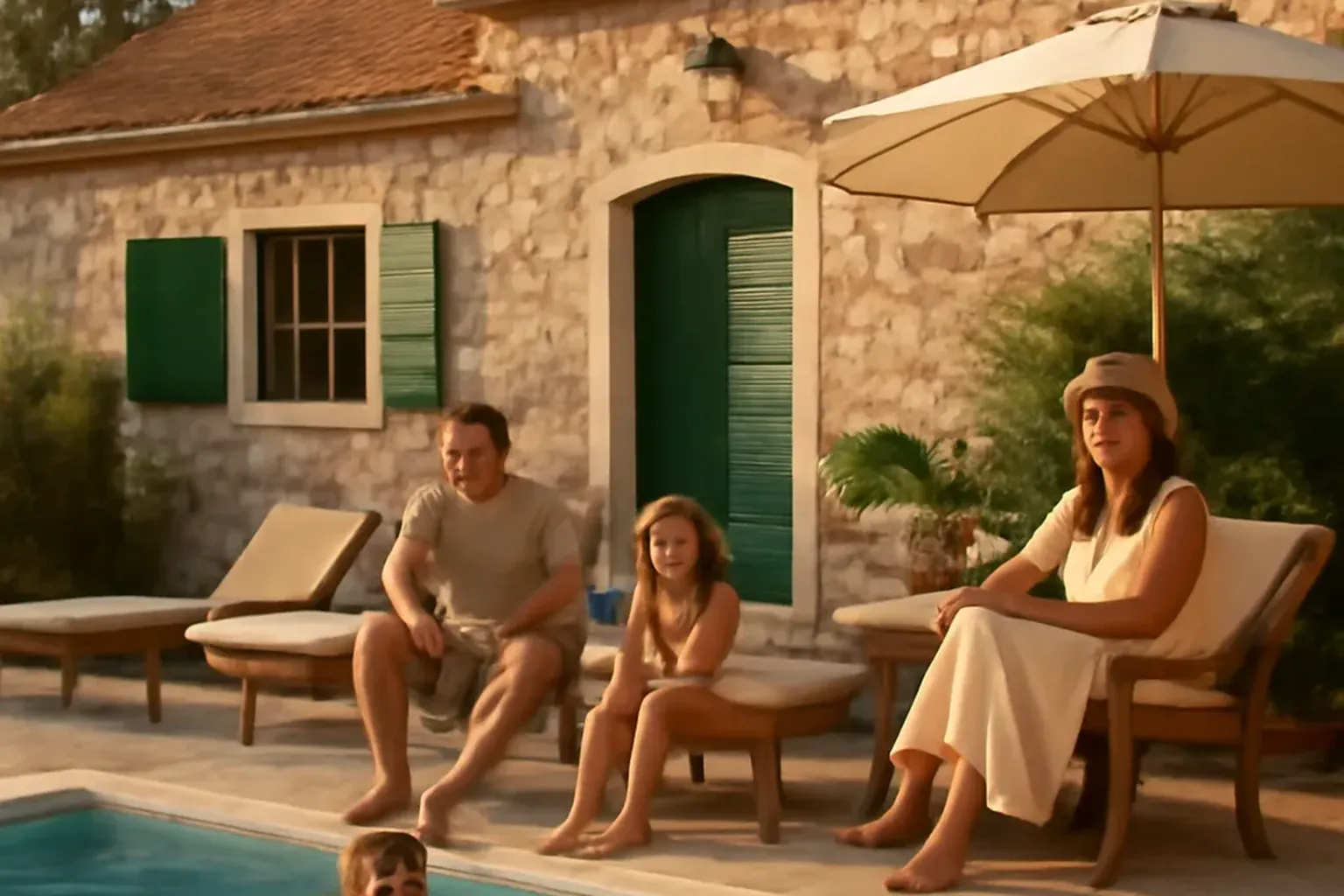 Terrasse d'une villa croate avec piscine à débordement sur fond de mer turquoise