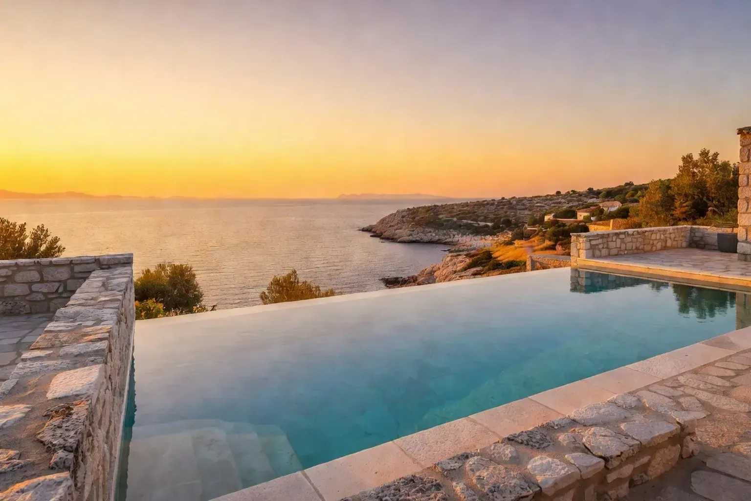 Coucher de soleil depuis la piscine d'une villa sur l'île de Brač en Croatie