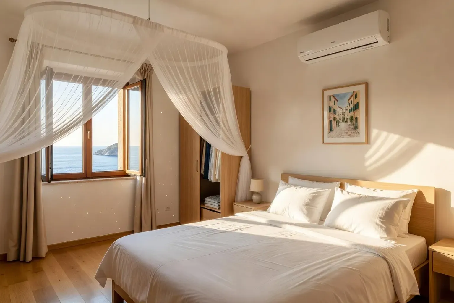 Chambre bien équipée d'une location croate avec climatisation, moustiquaire et vue sur jardin