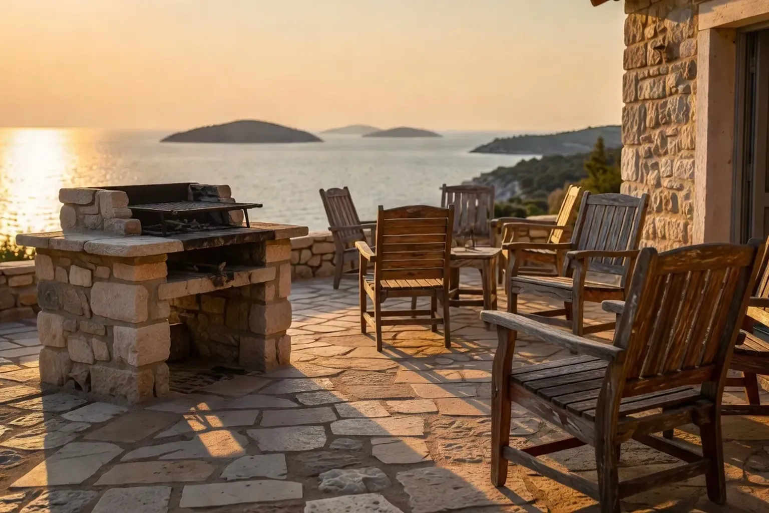 Terrasse d'une location croate avec barbecue, transats et vue sur la mer